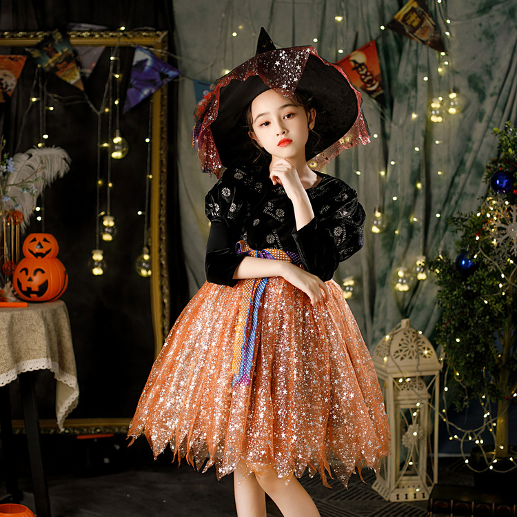 2022 Fashion Halloween Costume Dresses Princess Vampire Kids Clothing For Children Girl Cos Party Black Sequined Long Sleeve Witch Children's Dress
