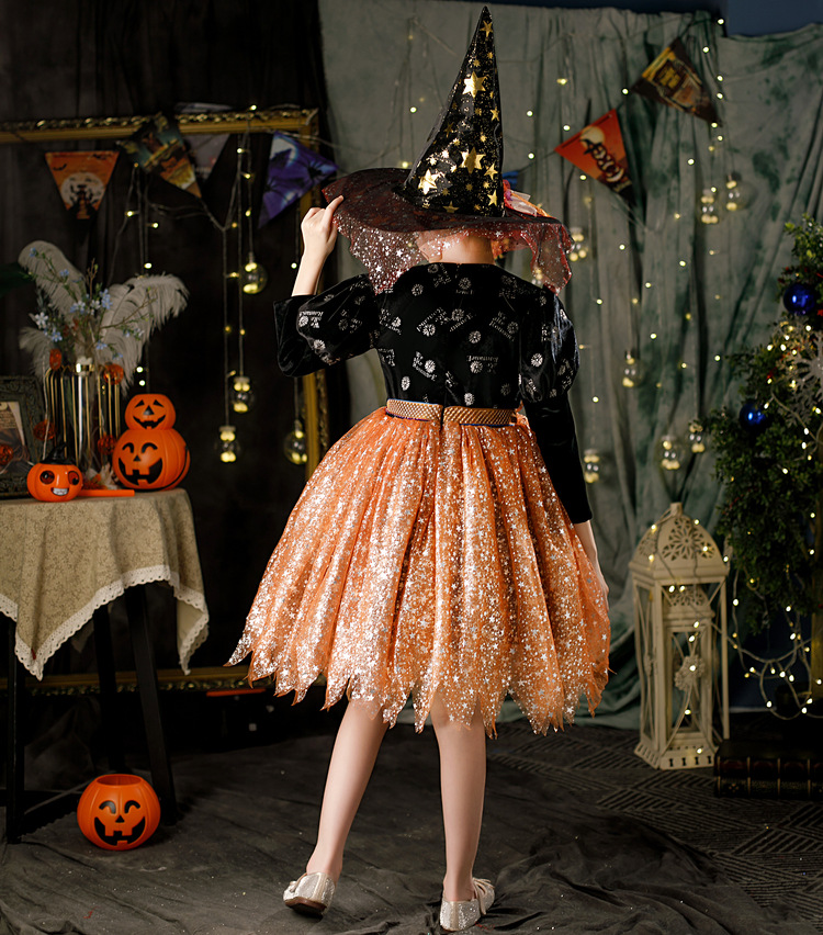 2022 Fashion Halloween Costume Dresses Princess Vampire Kids Clothing For Children Girl Cos Party Black Sequined Long Sleeve Witch Children's Dress