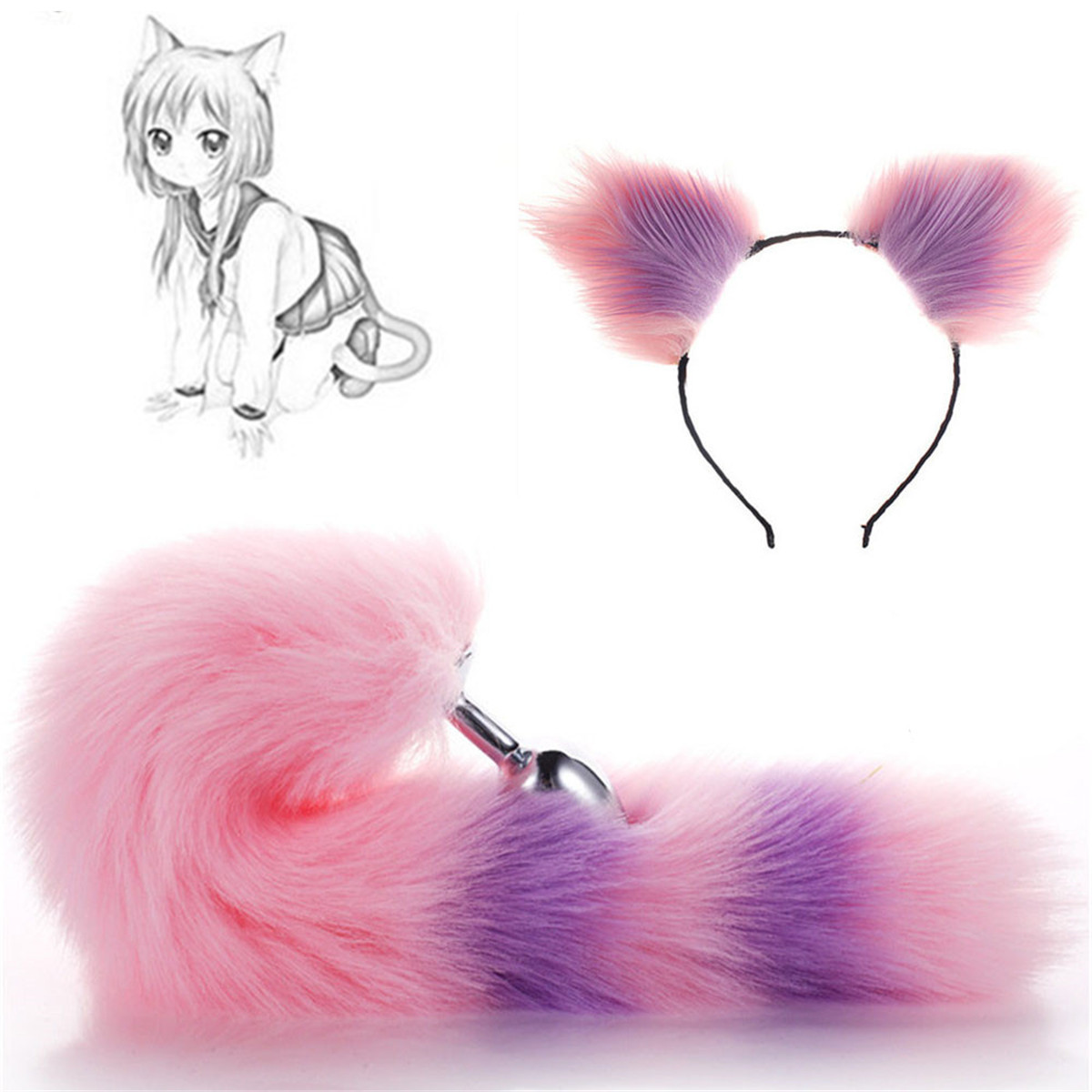 Jouets anaux 2 pièces bandeaux et queue d'oreilles de chat mignon avec godemichet anal en métal accessoires de Cosplay érotique adulte Sexy pour les Couples 220922