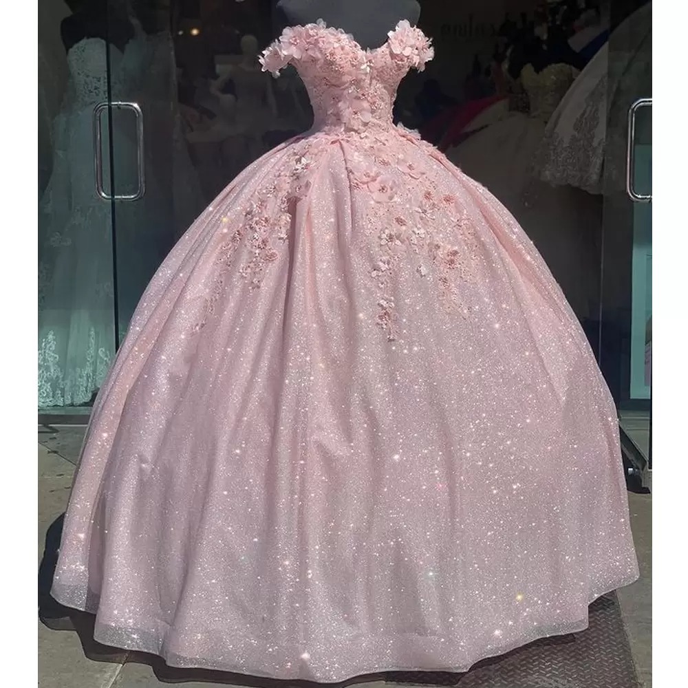 Rose Bling Sequin Dentelle Douce 16 Robes De Quinceanera De L'épaule 3D Floral Applique Perles Robe Corset Robes De 15 Anos Mascarade A17