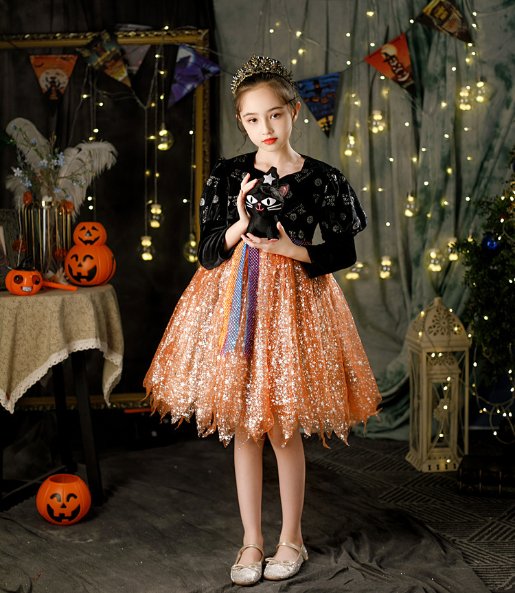 2022 Fashion Halloween Costume Dresses Princess Vampire Kids Clothing For Children Girl Cos Party Black Sequined Long Sleeve Witch Children's Dress