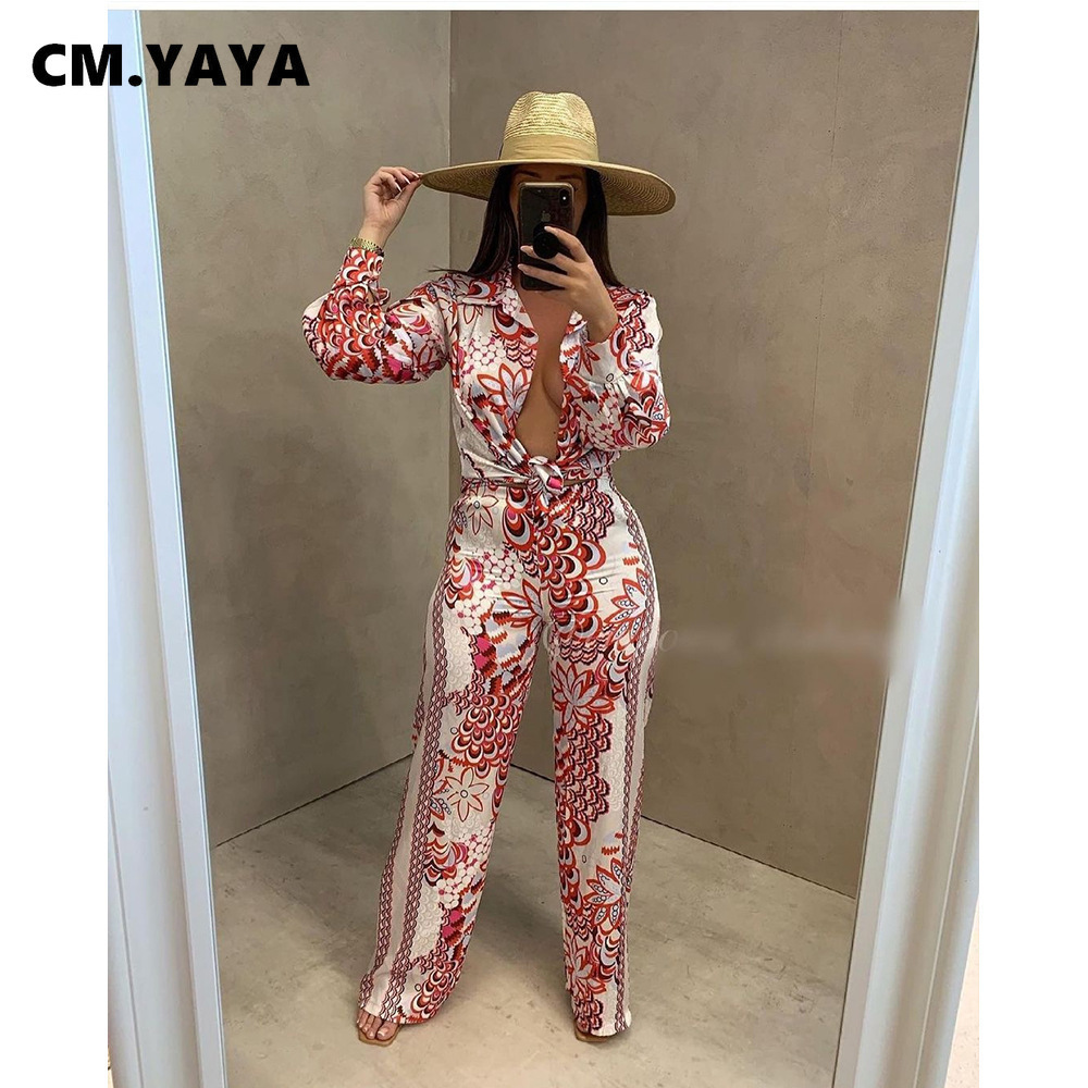 Women's Tracksuits CM.YAYA Autumn Winter Peacock Women's Set Button Up Blouse Shirt Tops and Pants Elegant Tracksuit Two Piece Set Fitness Outfits 220924