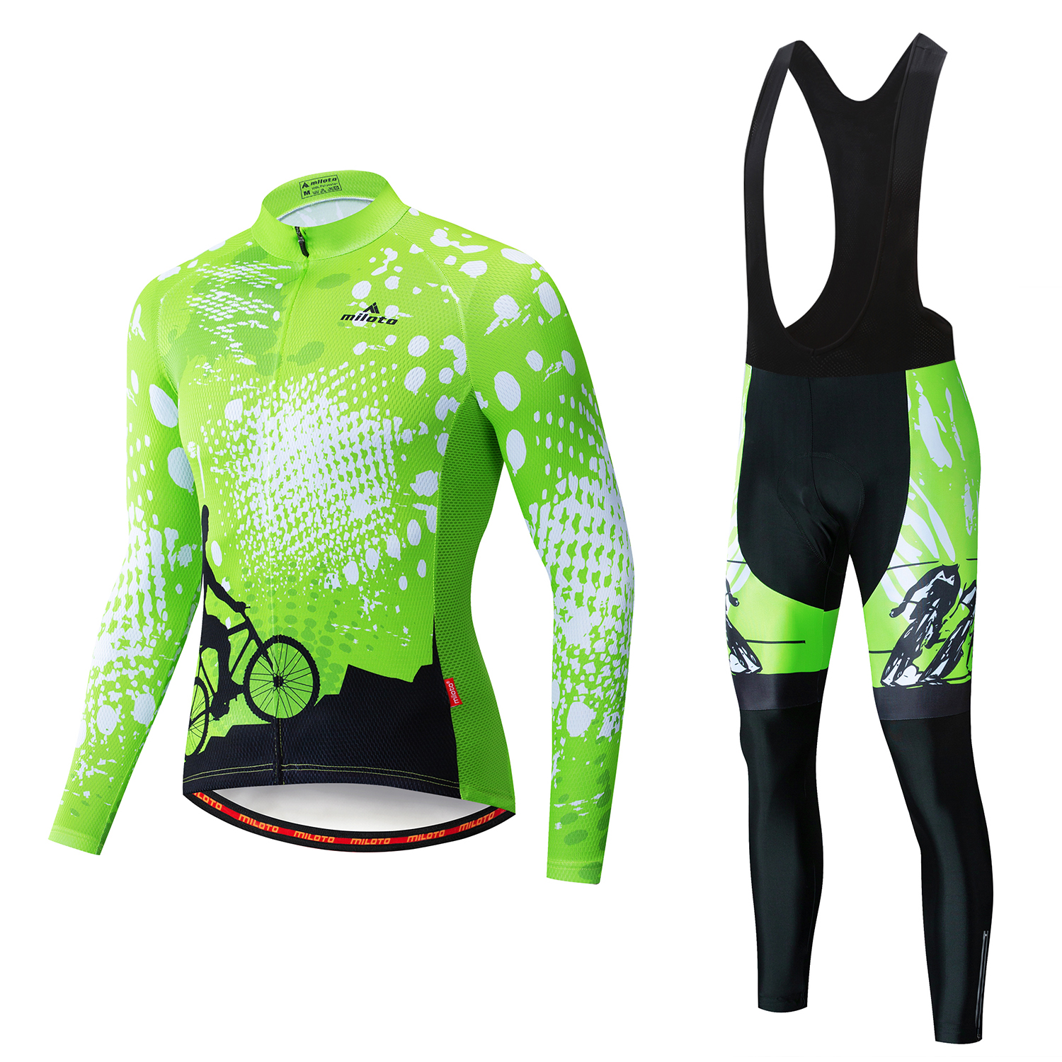 2024 Pro Mens Fluo Green Winter Cycling Jersey Set Long Sleeve Mountain Bike Cycling Clothing Breathable MTB Bicycle Clothes Wear Suit B38