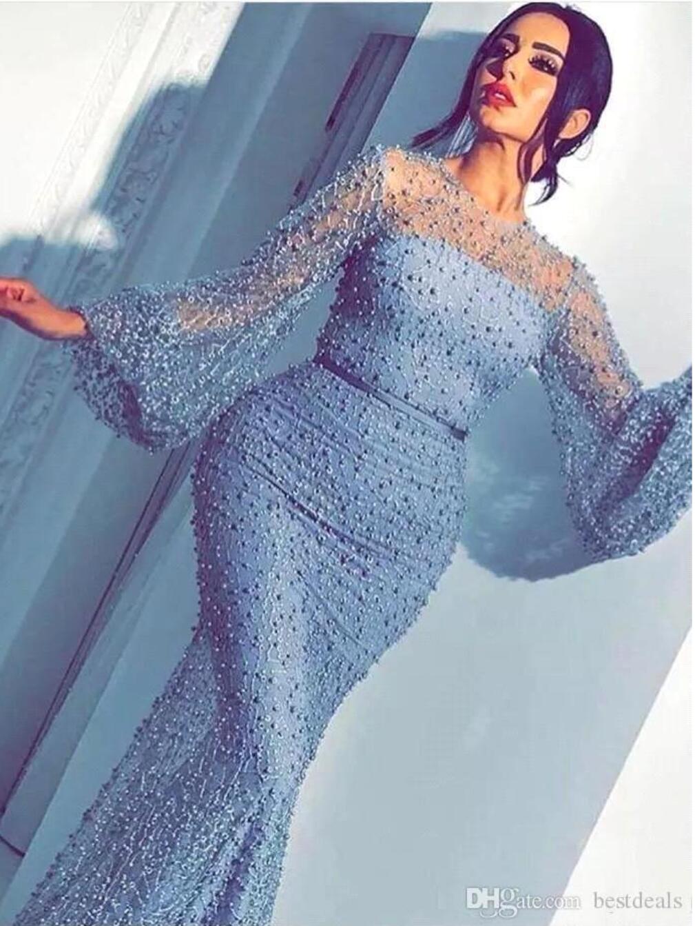 Arabic Beaded Poet Long Sleeves Luxury Evening Dresses 2023 Champagne Blue High Neck Formal Party Celebrity Gowns Prom Dress BC1007053876