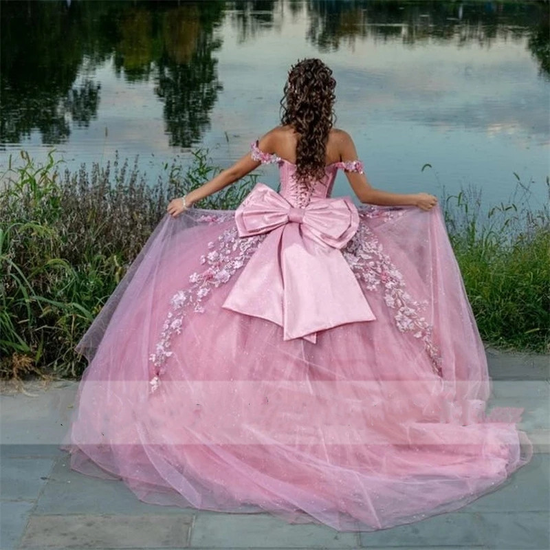 Princess Pink Ball Gown Quinceanera Dresses With Cape Bow 2023 Off Shouder Appliques Beads Sweet 16 Dress Vestidos De 15 Anos