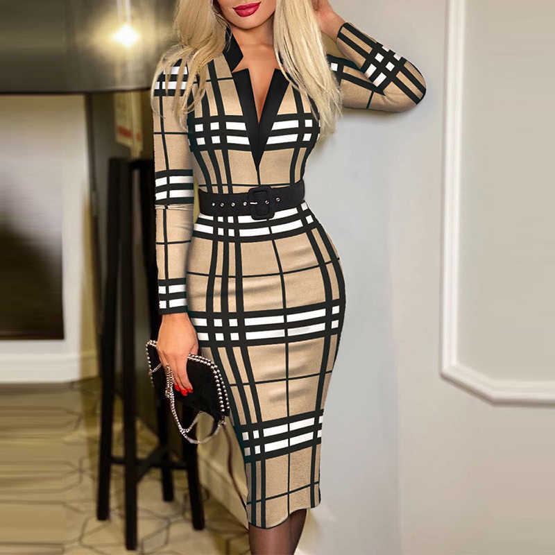 Casual Dresses Fashion Print V-Neck Slim Midi Dress Women Elegant Long Sleeve Autumn Vestidos 2022 Spring New Casual Belt Bodycon Party Dresses T220905