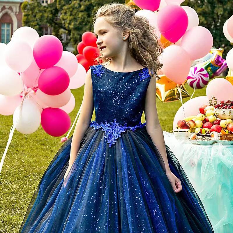 new appliques princess blue star flower girl's dresses with train pageant formal ball gown floor length dress for toddlers kids birthday wedding party