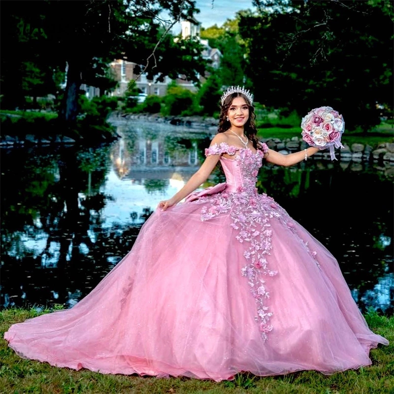 Princess Pink Ball Gown Quinceanera Dresses With Cape Bow 2023 Off Shouder Appliques Beads Sweet 16 Dress Vestidos De 15 Anos