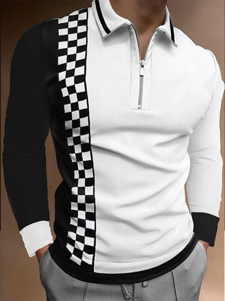 Herrpolos Autumn Men Polo Shirts Casual Fashion Long Sleeve Plaid Foaming Printing Turn-Down Collar Zippers Tees Mens U.S Big Size 220924