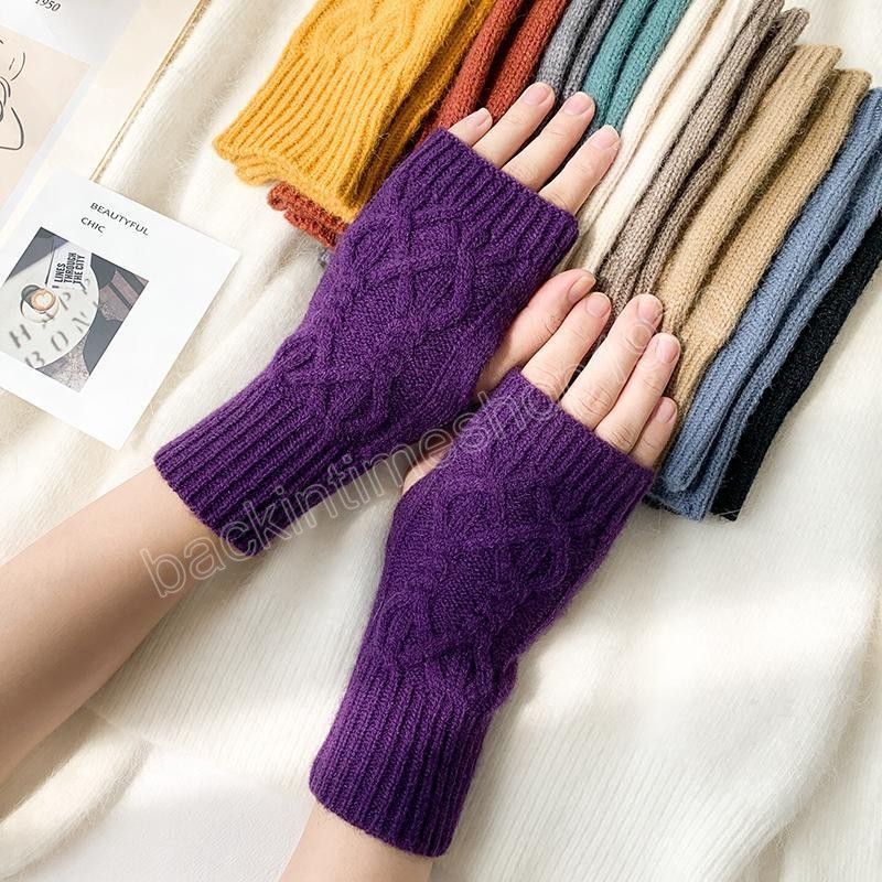 Winter Warm Fingerless Knitted Gloves For Women Acrylic Stretch Half Finger Arm Glove Crochet Knitting Faux Girls Mitten Gloves