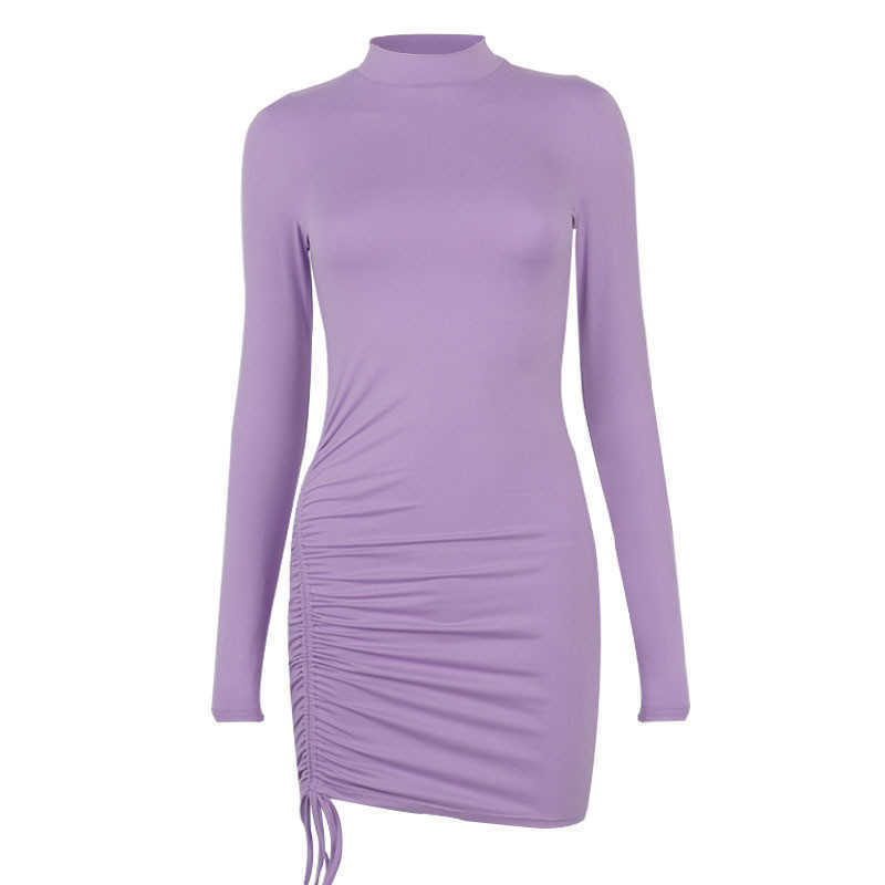 Casual Dresses Fall Spring Basic Bodycon Dress Sexig Lady Long Sleeve O Neck Stretch Slim Package Hip Party Club Mini Dress Purple Black Y2209