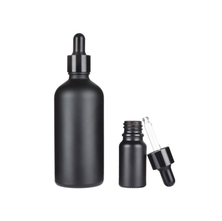 Bouteilles d'huile essentielle en verre noir mat Flacon compte-gouttes avec capuchon en aluminium anodisé brillant 5 ml 10 ml 15 ml 30 ml 50 ml 100 ml SN4903