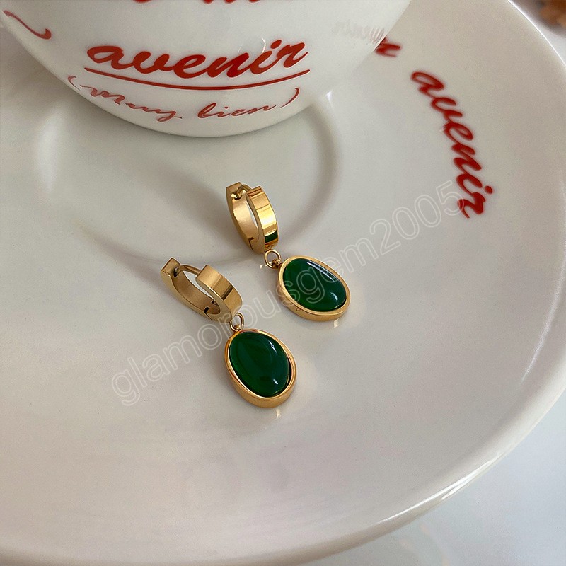 Vintage Green Natural Stone Anhänger Hoop Ohrringe für Frauen Gold Farbe Edelstahl Huggie Ohrringe Mode Schmuck