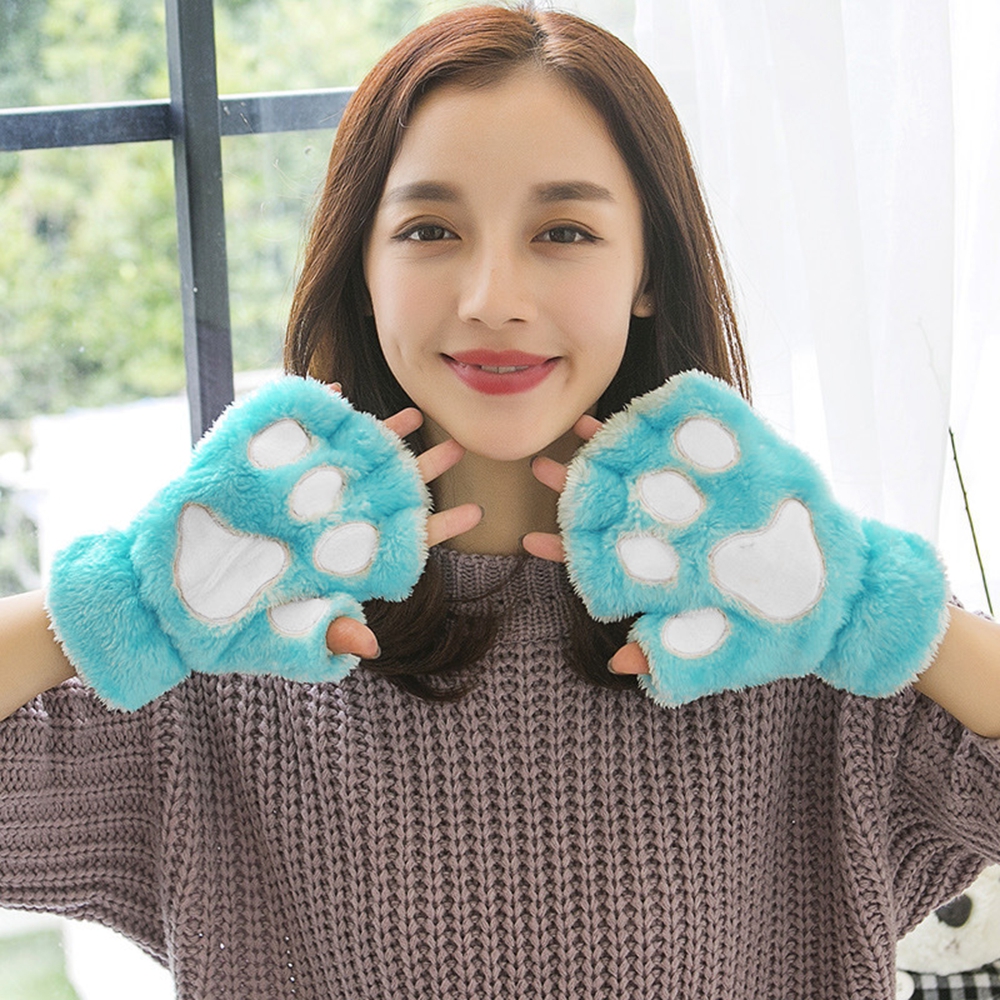 Cute Cat Paw Fluffy Claw Fingerless Gloves Warm Soft Plush Fingerless Panda Glove Half Finger Women Winter Wear Christmas Gifts