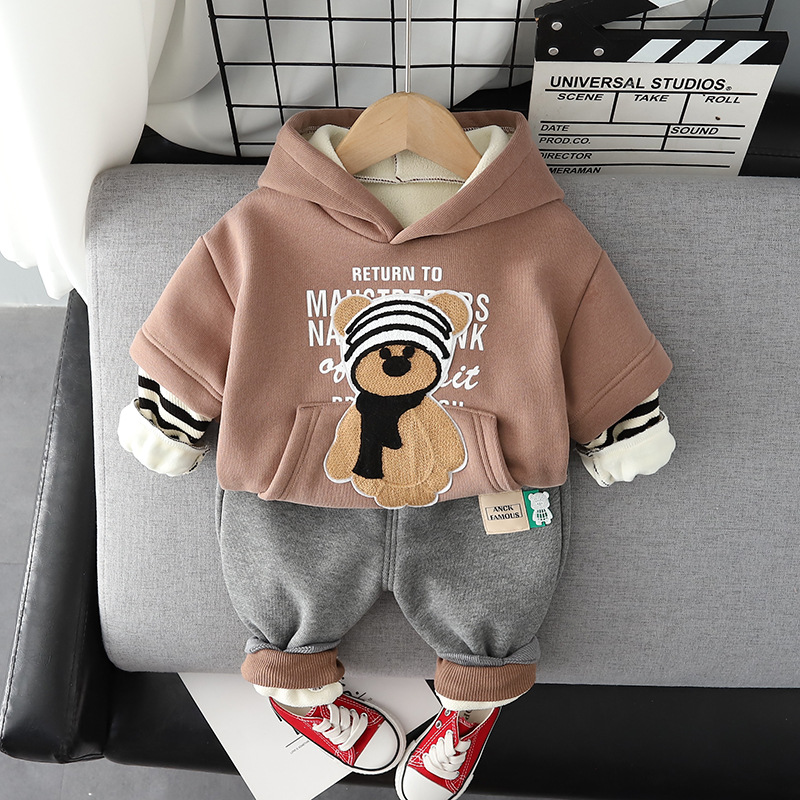 Infant Clothing Sets Winter Baby Boys Clothing Sets Boys Warm Plush Stripe Sweater Pants Kids Sportswear Cartoon Children Outfits 1-5Y