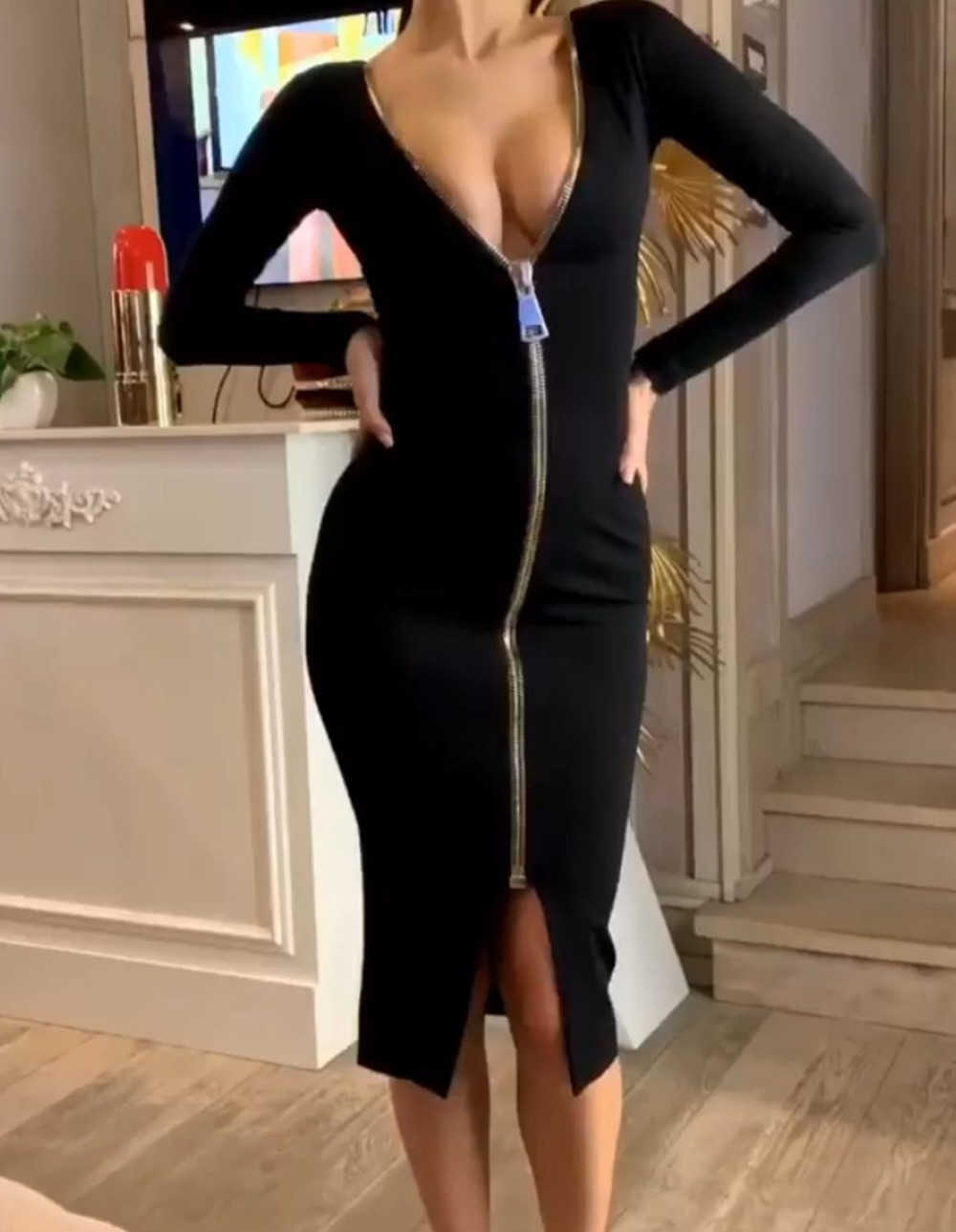 Casual Dresses Women Zipper High Waist V Neck Stretch Long Sexy Club Outfits Autumn Streetwear Ladies Clothes Party Celebrity Elegant Y2K Dres T220905