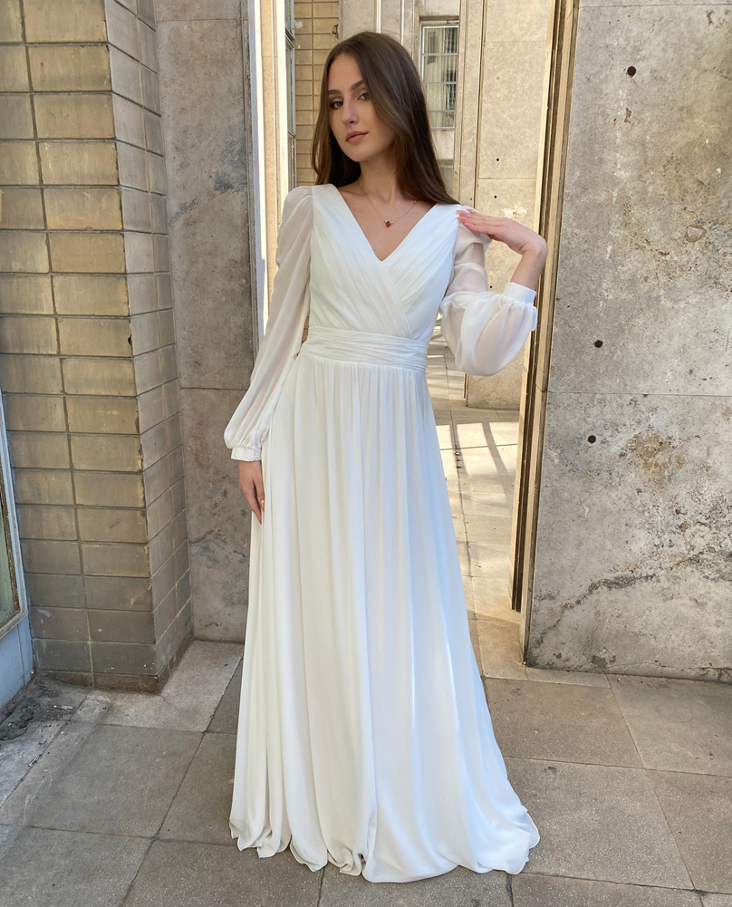 Simple Long Sleeves Boho A Line Wedding Dresses Bridal Gowns V Neck Floor Length Chiffon Bride Dress