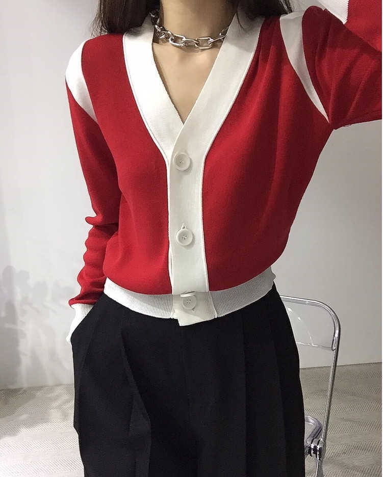 Maglioni da donna Cardigan lavorato a maglia color block coreano Top Donna Maglioni monopetto con scollo a V a maniche lunghe Elegante Chic Fashion Ladies Jumpers T220925