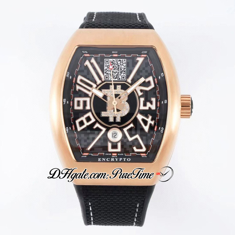 ABF Vanguard Encrypto V45 A2824 Automatische heren Watch Rose Gold Black Dial met Bitcoins Wallet Adres Big Number Nylon Rubber Strap Super Edition Puretime F02C3