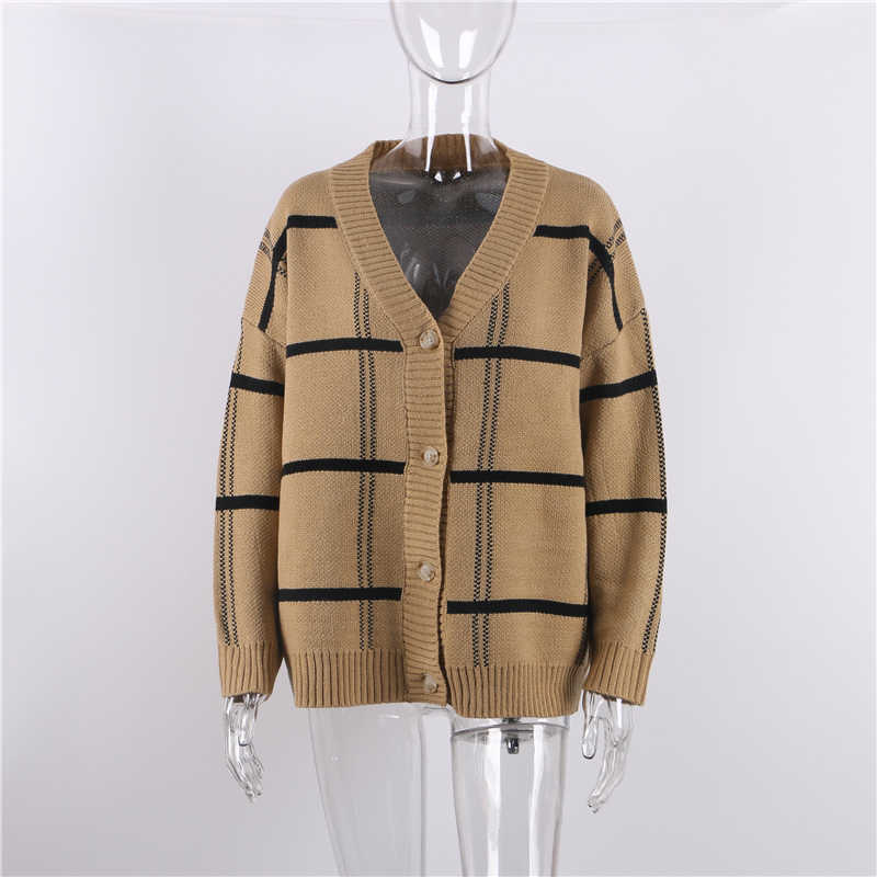 Kvinnors tröjor Sampic 2021 Plaid Brown Cardigans Kvinnor Vintage Y2K Fashion Löst överdimensionerad kappa Pull Knittad Casual tröja Kvinnliga toppar Vinter T220925