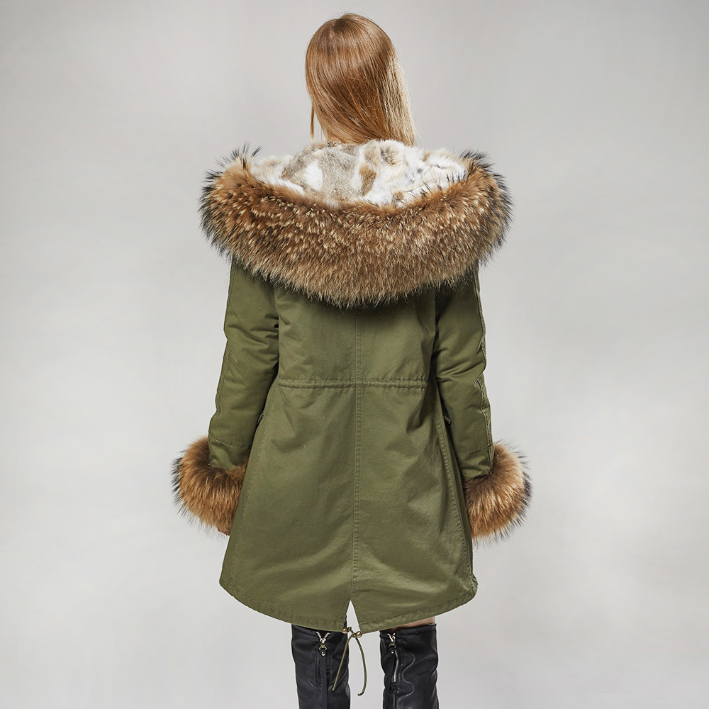Pelliccia da donna Faux MMK moda donna parka cappotto fodera in pelliccia di coniglio grande collo di procione giacca invernale lunga con cappuccio verde militare stagione calda ja 220926