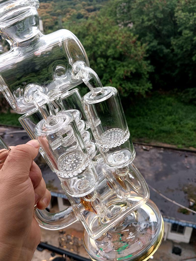 Large 18 inch Glass Water Bong Hookahs Honeycomb Filters Recycler Yellow Oil Dab Rigs Smoking Pipe with 14mm female joint