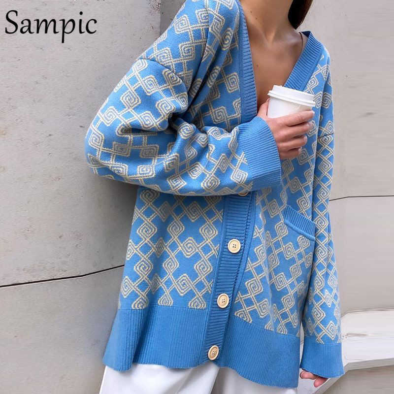 Женские свитера Sampic Chic Y2K Plaid Proude Traw Sated Cardigans Женщины осень зима 2021 Повседневная с длинным рукавом зеленый принцип.