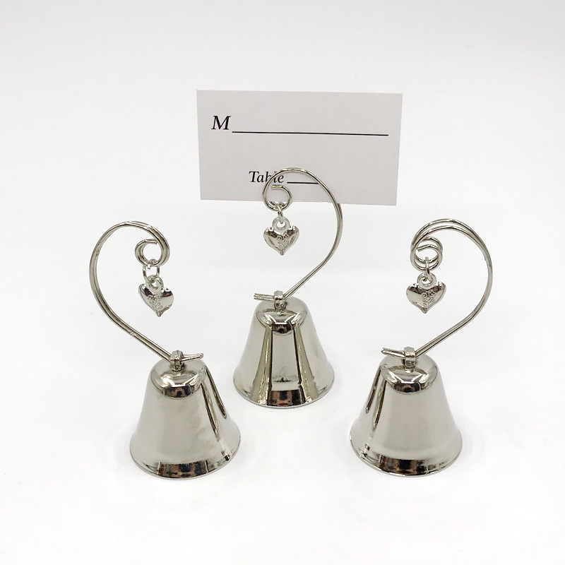 Wedding Favors Charming Chrome Bell Place Card/Photo Holder with Dangling Heart Charm Party Table Name Cards Clips