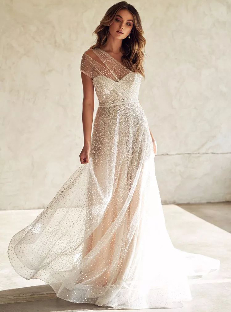 One Shoulder Sequined Mermaid Wedding Dresses with Side Slit Sweep Train Backless Bridal Gowns for Bride