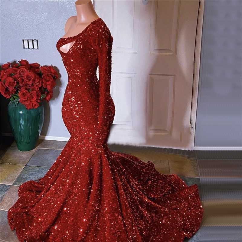 Partykleider Langes Abendkleid Sparkly Glitter Pailletten Sexy Top Afrikanisches Mädchen Meerjungfrau Eine Schulter Rot Ankunft 220923