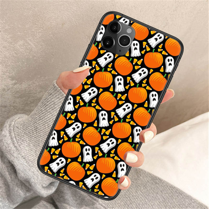 Happy Halloween Handyhüllen für iPhone 14, Kürbislaterne, Schloss, Geisterschädel-Muster, schwarz, weiche TPU-Hülle, iPhone 14 13 12 11 8 7 Plus Pro Max, modische Druck-Handyhülle