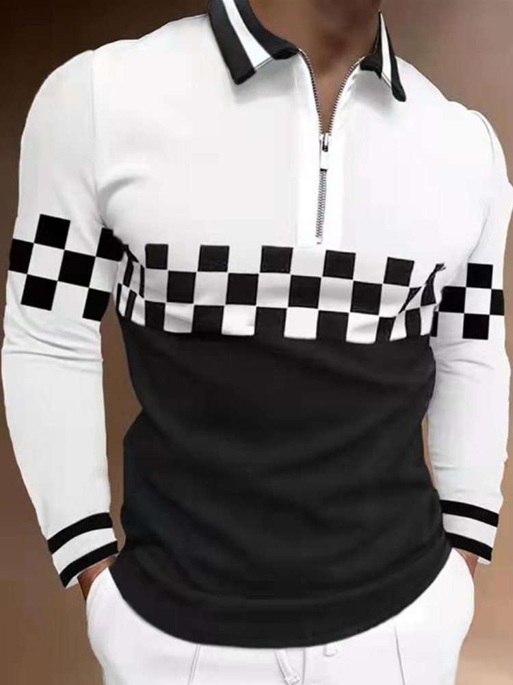 Herrpolos Autumn Men Polo Shirts Casual Fashion Long Sleeve Plaid Foaming Printing Turn-Down Collar Zippers Tees Mens U.S Big Size 220924