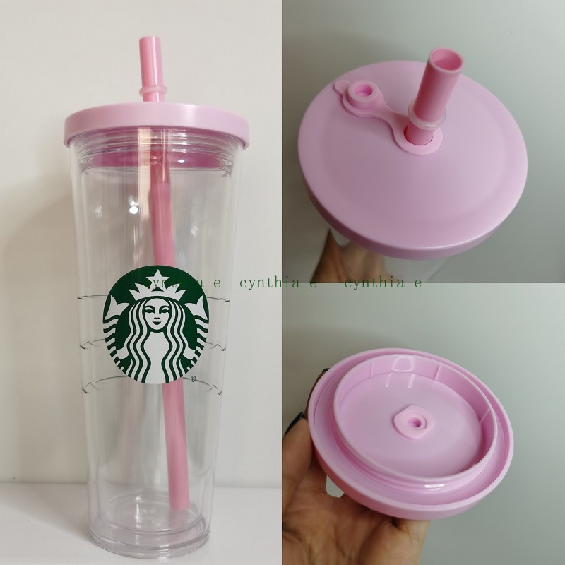 Vasos de Starbucks de 710 ml Tapa plana Taza de paja de plástico doble con taza de regalo de tazas de café de gran capacidad
