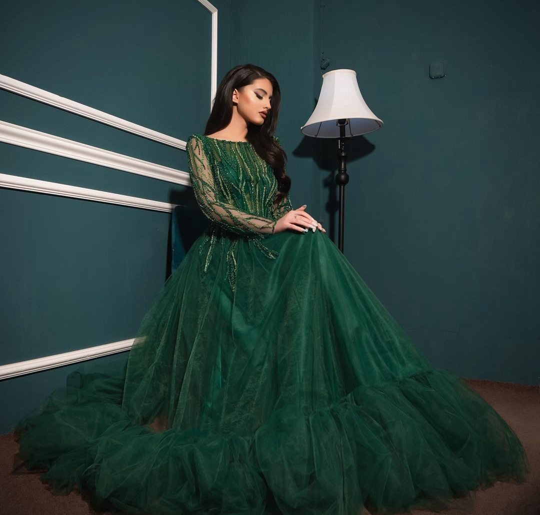 Robes de soirée de luxe femmes vert robes de bal manches longues style musulman tulle robe de bal gonflé robes de soirée pour événement formel 220923