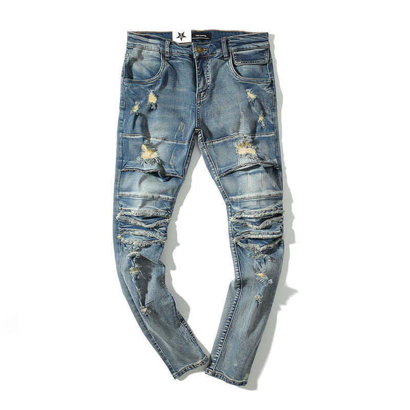 Pantalones vaqueros para hombre, desgastados, desgastados, rasgados, vintage, lavado, azul, plisado, flaco, motociclista, pareja, hombres, hip hop, pantalones de mezclilla callejeros, 220923