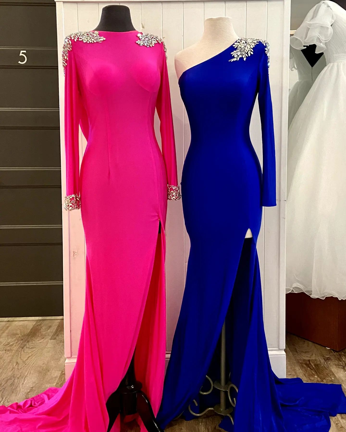 Hot Pink Prom Dress 2k23 AB Stones Long Sleeve Stretch Lycra Side Leg