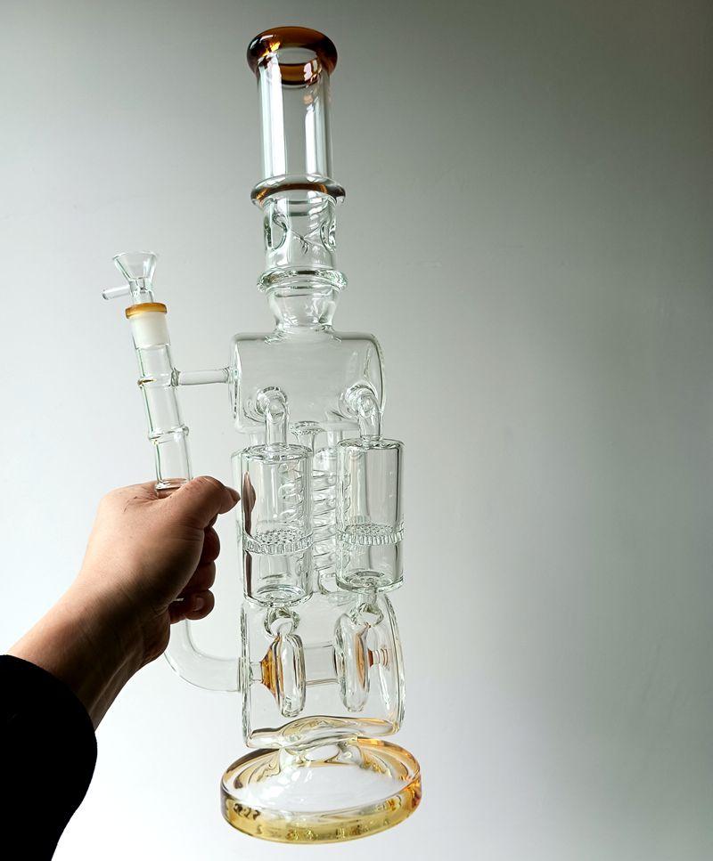 Large 18 inch Glass Water Bong Hookahs Honeycomb Filters Recycler Yellow Oil Dab Rigs Smoking Pipe with 14mm female joint