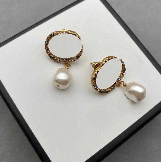 Designers 18K Gold Plated Classics Women Letters Stud Geometric Famous Brand Round Crystal Rhinestone Pearl Earring Wedding Jewerl253b