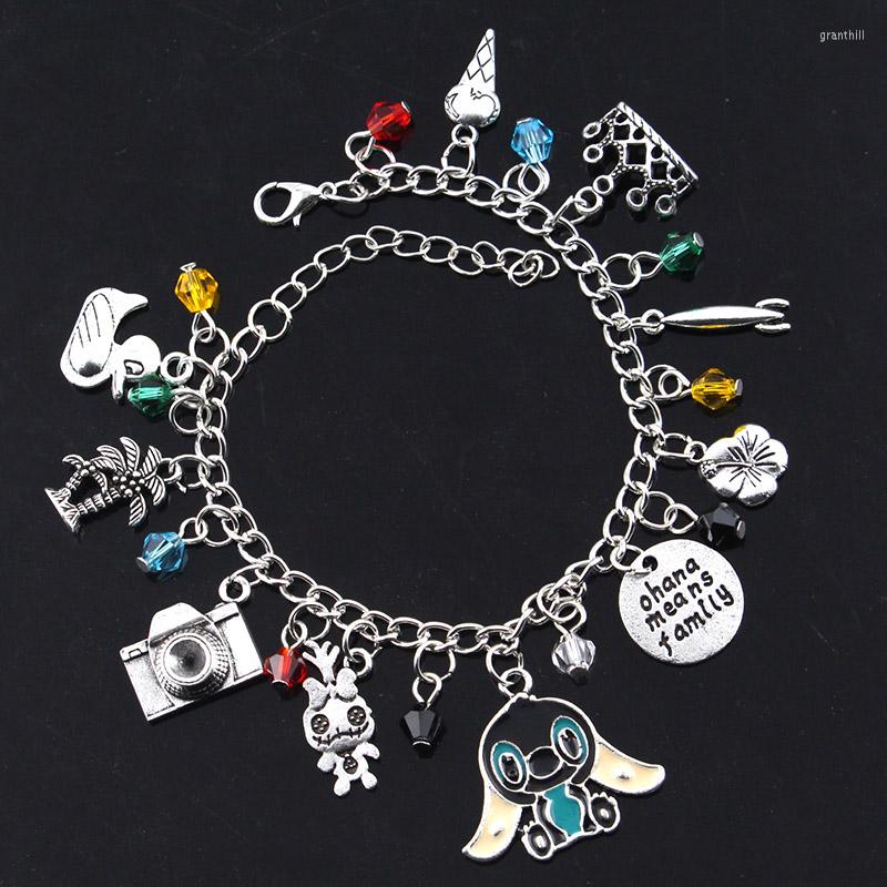 Charm Bracelets Ohana Means Family Lilo Vintage Charms Bracelet Bangles Crystal Beads Silver Chain Links Christmas Jewelry245G