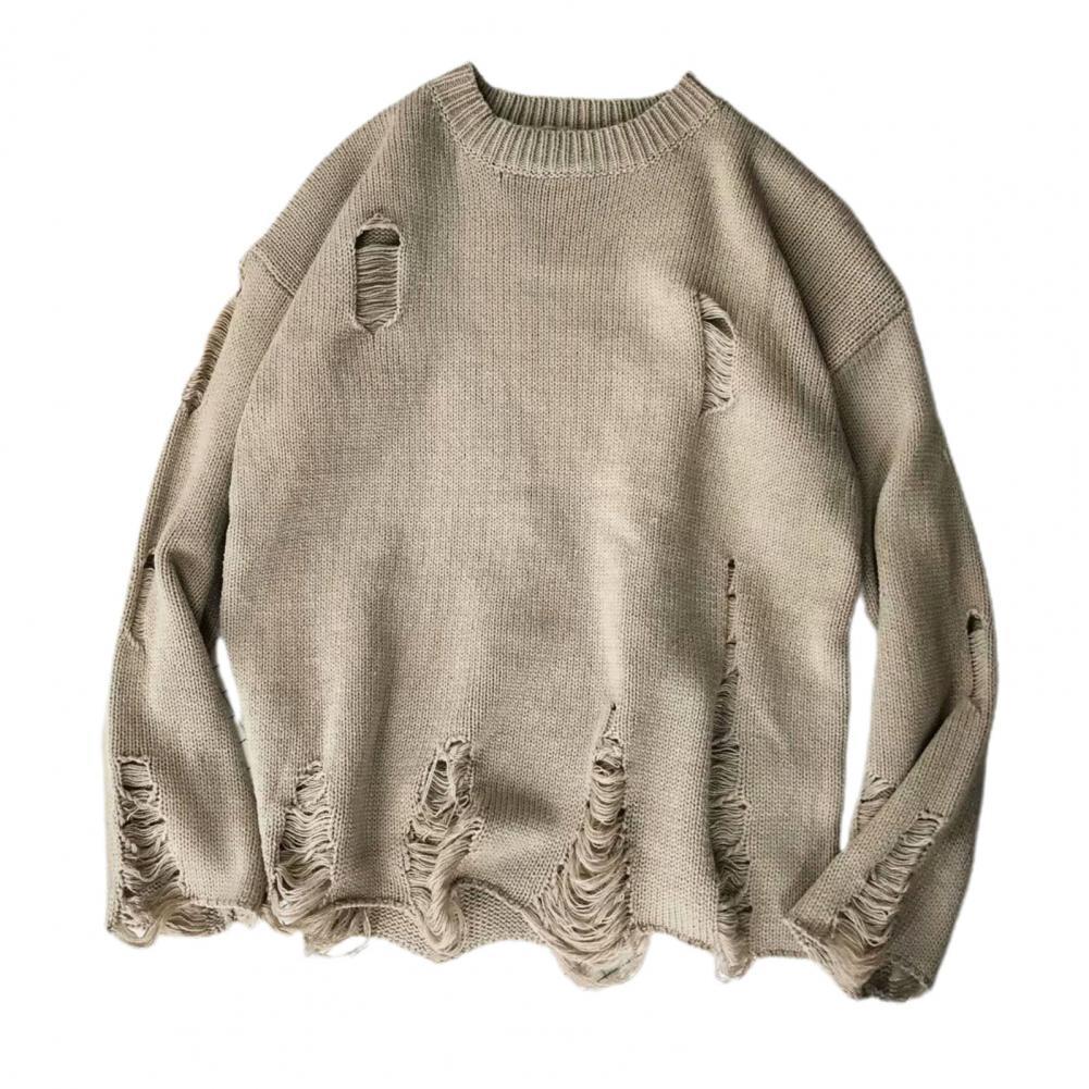 Herrenpullover Männer Wash Hole Ripped Knit Solid Color O Neck Übergroße Paar Pullover Winter Cool Boy Kleidung Streetwear 220923