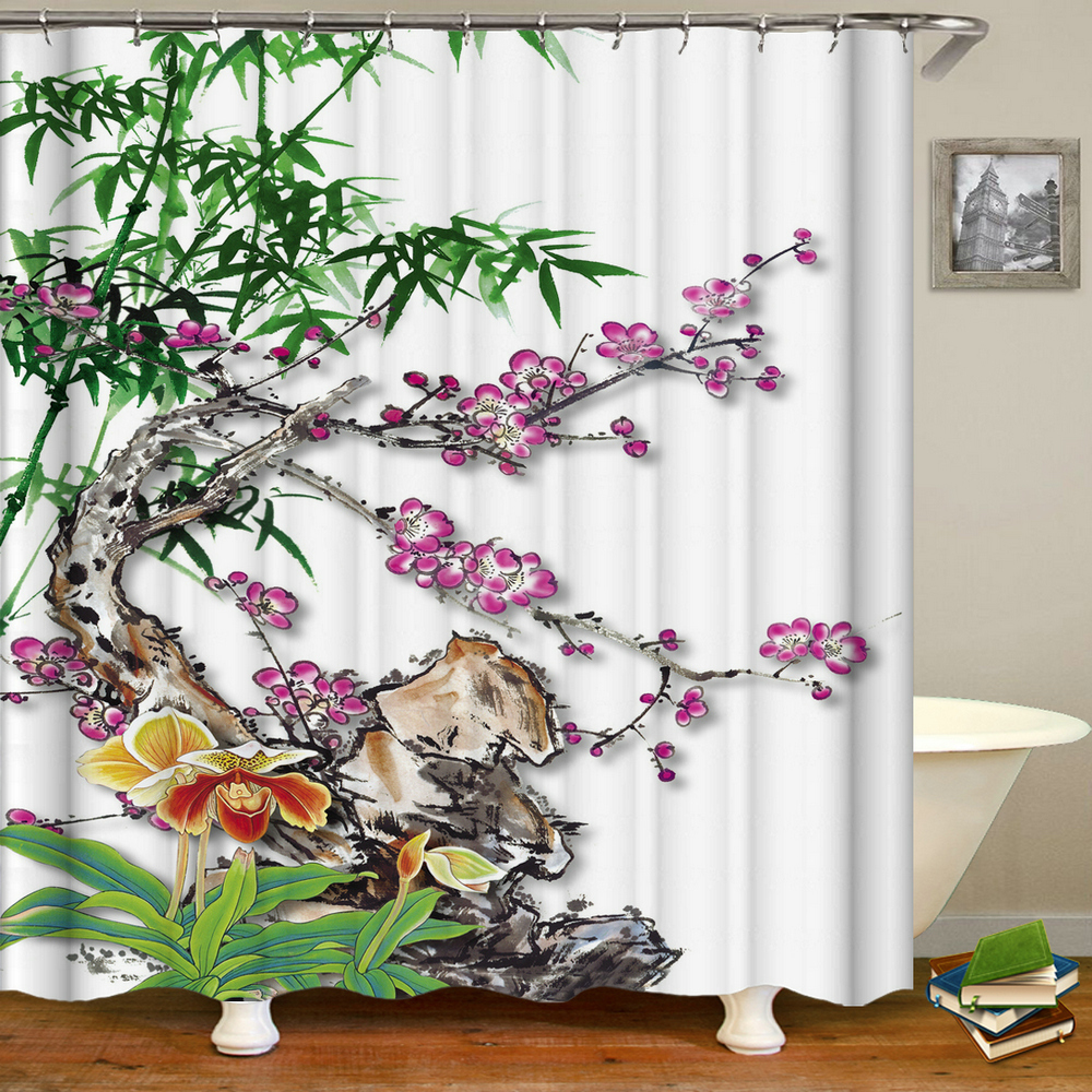 Shower Curtains Chinese flower and bird scenery waterproof shower curtain bathroom washable cloth screen with hook 220922