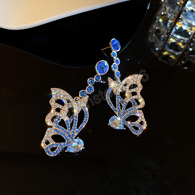 나비 날개 달린 귀걸이 유럽과 미국 패션 성격 블루 크리스탈 귀걸이 여성 보석 선물