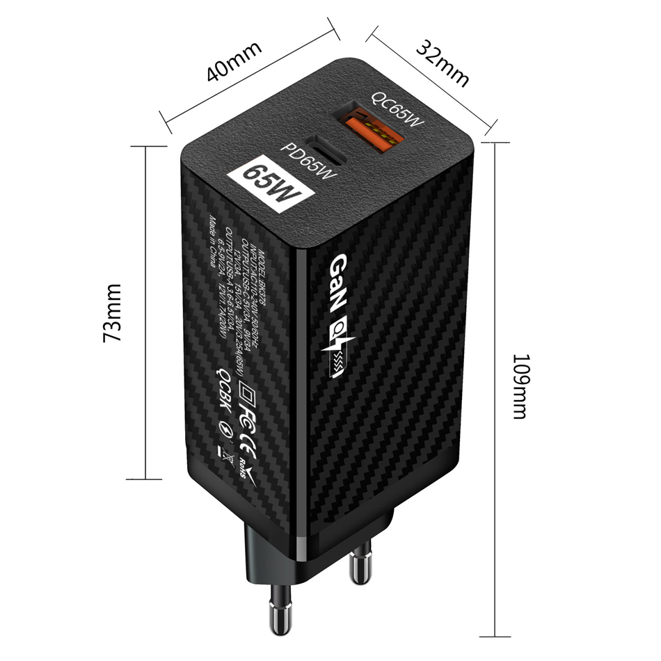 Chargeur mural USB 65W en nitrure de gallium PD, charge rapide intelligente, tête de téléphone portable QC3.0, adaptateur universel de charge GaN rapide pour ordinateur portable