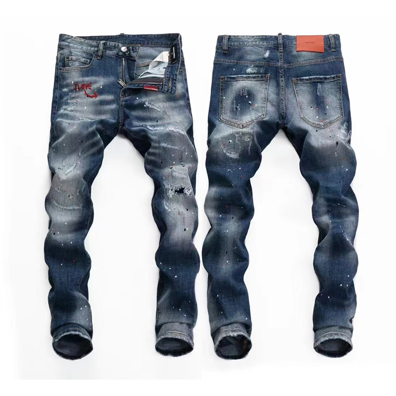 Мужчина -дизайнер новые джинсы расстроенные разорванные байкерские байкеры Slim Fit Denim для синего вымытого модных брюк джинсы Mans растягиваются длинный прямой хип -хоп