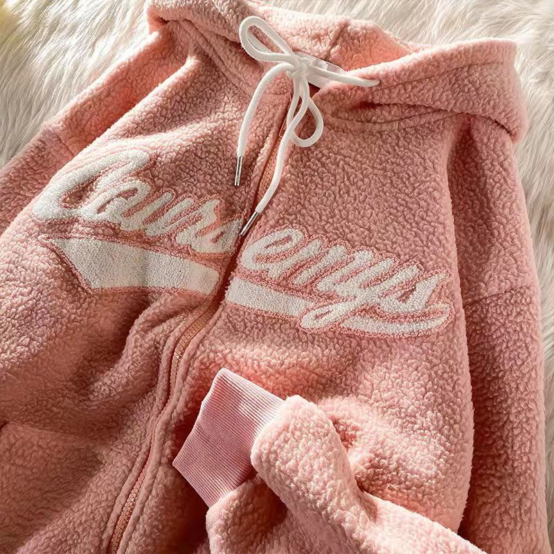 Damen-Kapuzenpullover, Sweatshirts, Polar-Fleece-Kapuzenpullover, Damen, lässige Stickerei-Kleidung für Teenager, Sweatshirts, Vintage-Rosa-Oberteile, Retro-Winter-Damen-Hoodie 220926