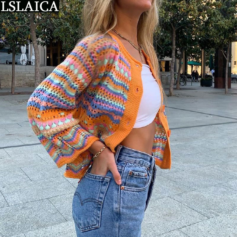 Damskie Krzyki TES Cardigan Top Kobiet Długie rękawie pojedynczy przycisk Dekorowany Slim Rainbow Stripwork Patchwork Sweatek Sweter Spring Autumn Modna Moda 220927