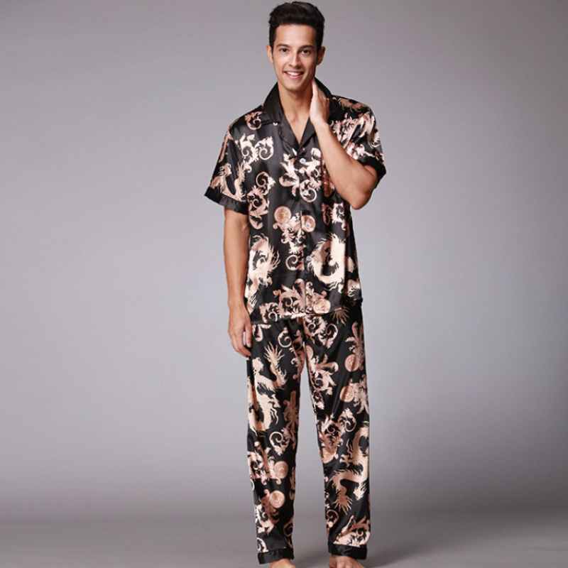 M￤ns s￶mnkl￤der SSH021 Autumn Summer Loungewear Kort ￤rmar Long Pants Pyjama Set Men tryckt satin Silk Pyjamas Male Pyjamas Pijama Sleepwear 220924