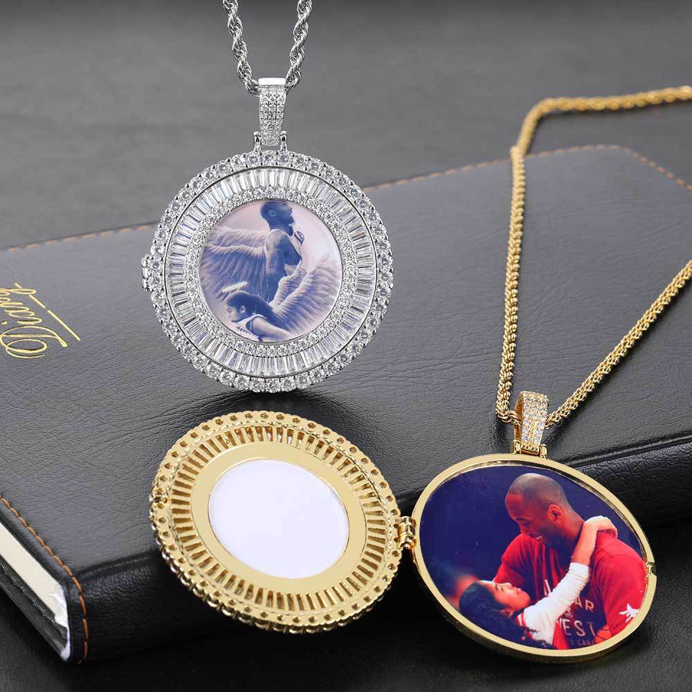 Anpassen runder Gedenkfoto Anh￤nger Halskette mit Bling Diamond Stone Zirkon M￤nner Frauen Liebhaber Geschenkpaar Anh￤nger Anh￤nger