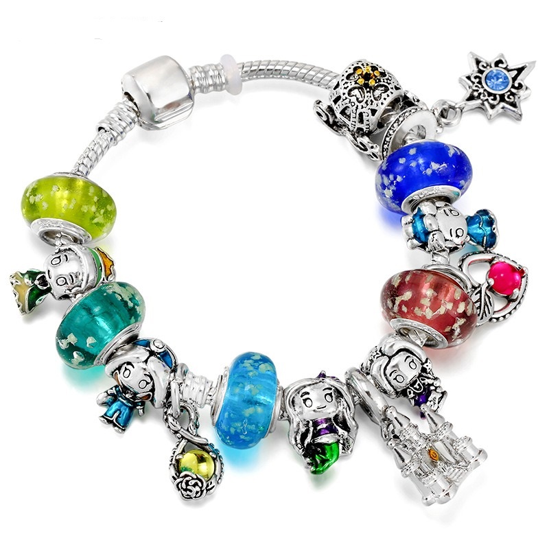 Mode 925 Sterling Silver Lysande pärla Murano Lampwork Glas Europeiska berlockpärlor Princess Castle Dangle Passar Pandora Charm Armband Halsband