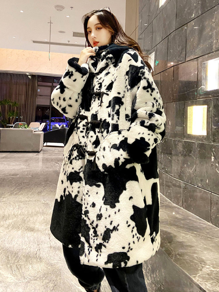 Womens Jackets ZADORIN Winter Thicken Oversize Cow Printed Hooded Long Faux Mink Fur Coat Women Furry Faux Fur Jacket for Lovers Coats Man 220926